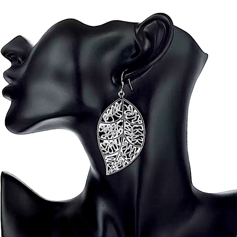 STERLING SILVER FEATHER HOLLOW OUT STATEMENT DANGLE EARRINGS